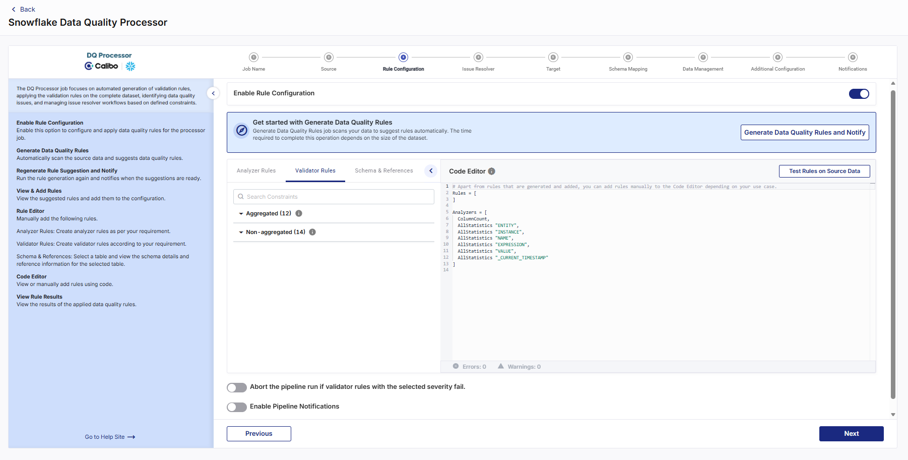 Rule configuration for Snowflake DQ Processor job